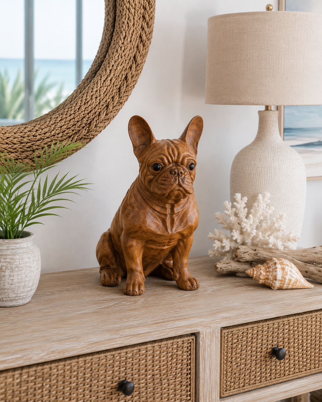 Large Hand-Carved Bali French Bulldog, Solid Wood, 12 Inches Tall