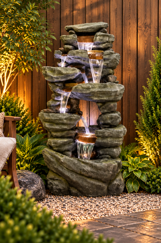 Large 60-Inch Resin Rock Waterfall Fountain with 7 Spouts and LED Lighting
