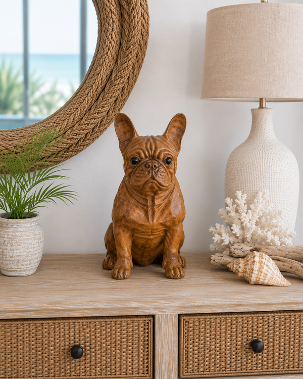Large Hand-Carved Bali French Bulldog, Solid Wood, 12 Inches Tall