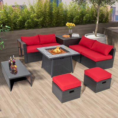 35 Inch Propane Fire Pit Table with Wicker Rattan and Lava Rocks, 50,000 BTU