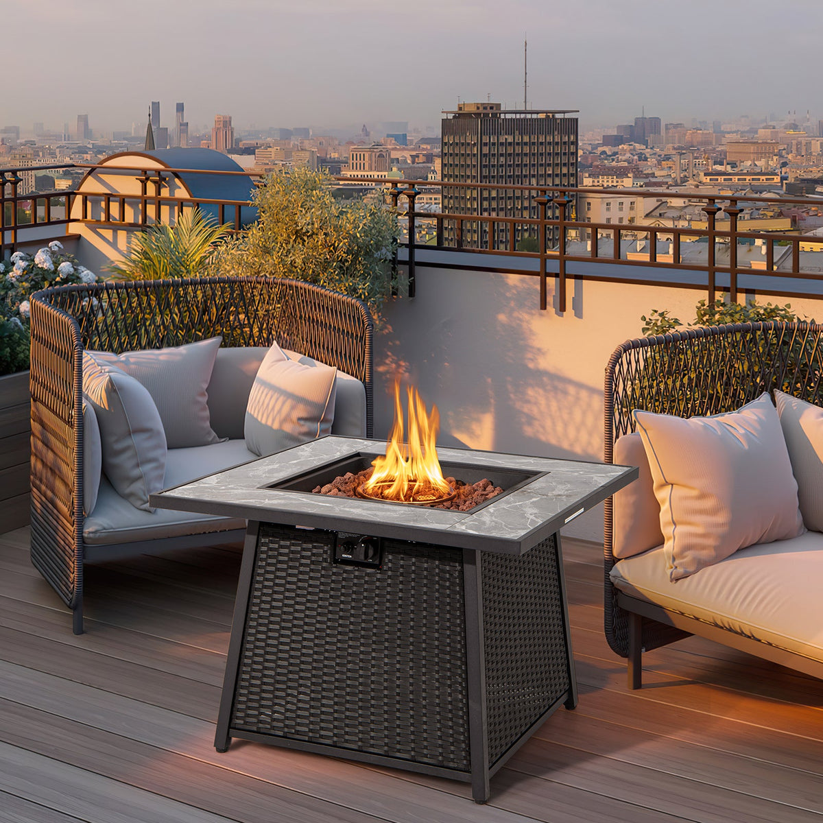 35 Inch Propane Fire Pit Table with Wicker Rattan and Lava Rocks, 50,000 BTU
