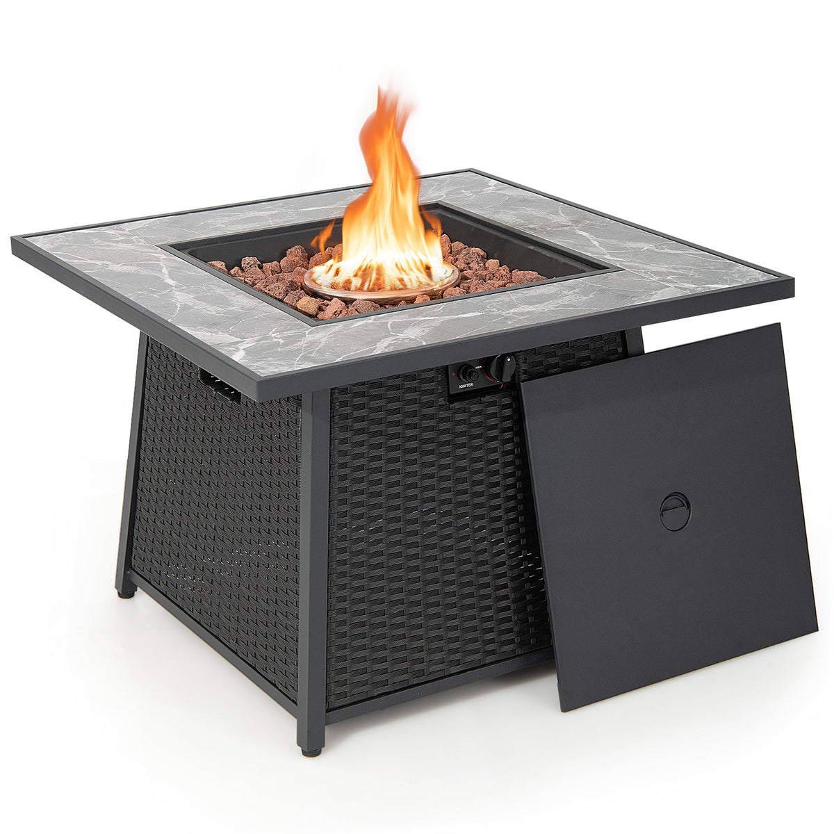 35 Inch Propane Fire Pit Table with Wicker Rattan and Lava Rocks, 50,000 BTU