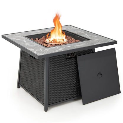 35 Inch Propane Fire Pit Table with Wicker Rattan and Lava Rocks, 50,000 BTU