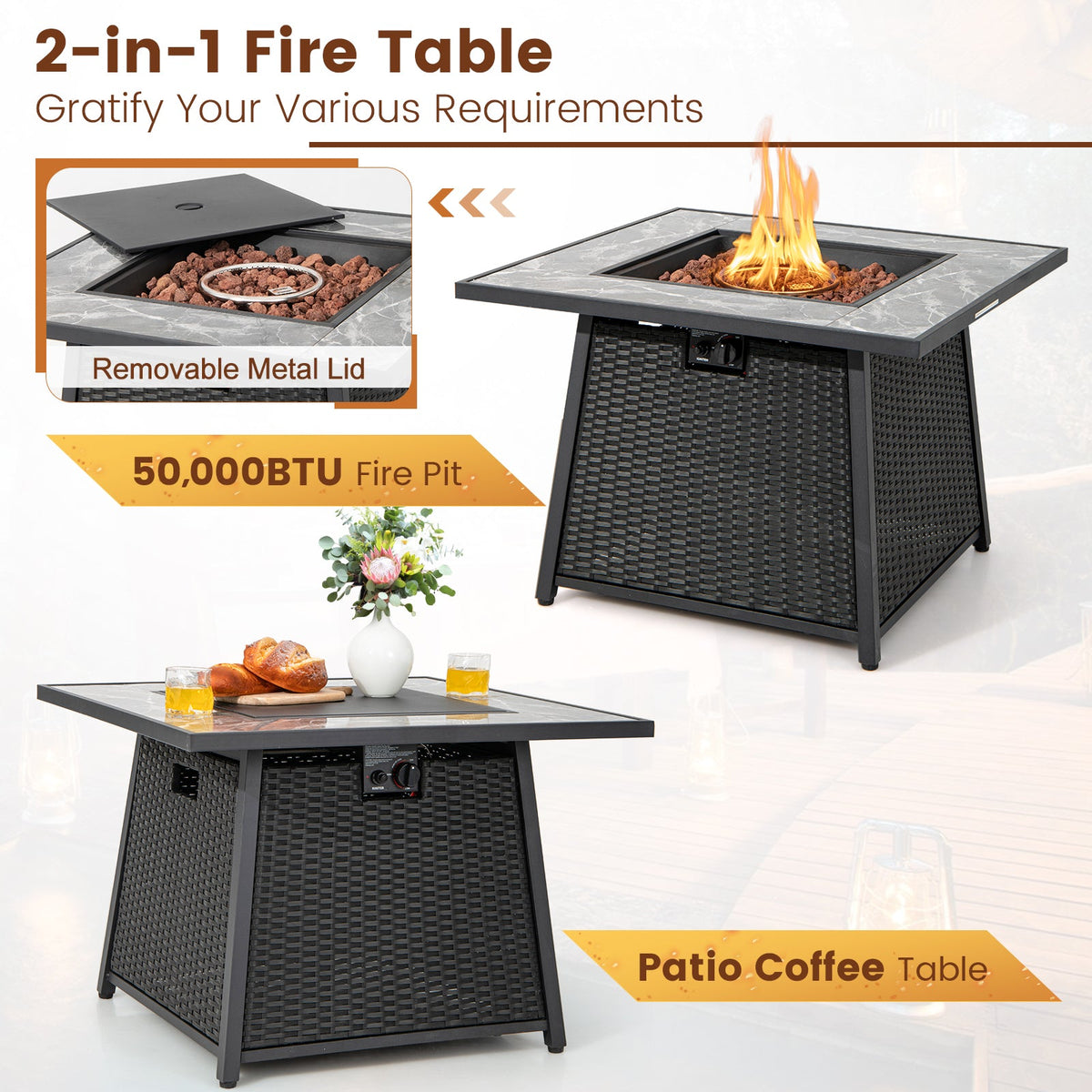 35 Inch Propane Fire Pit Table with Wicker Rattan and Lava Rocks, 50,000 BTU