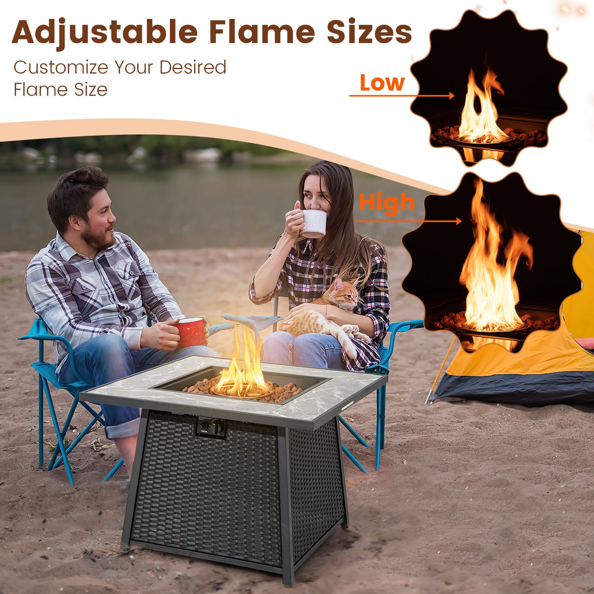 35 Inch Propane Fire Pit Table with Wicker Rattan and Lava Rocks, 50,000 BTU