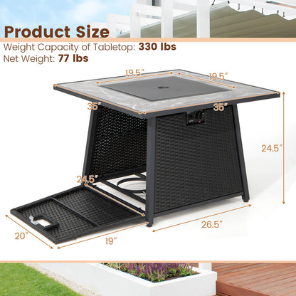 35 Inch Propane Fire Pit Table with Wicker Rattan and Lava Rocks, 50,000 BTU