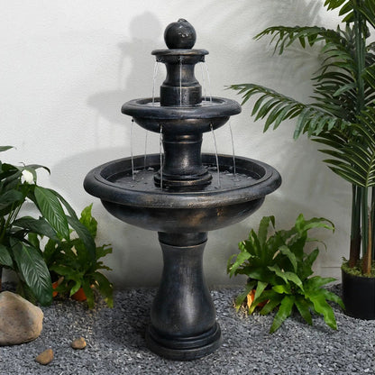 Three-Tier Antique Black Concrete Outdoor Water Fountain with Pump