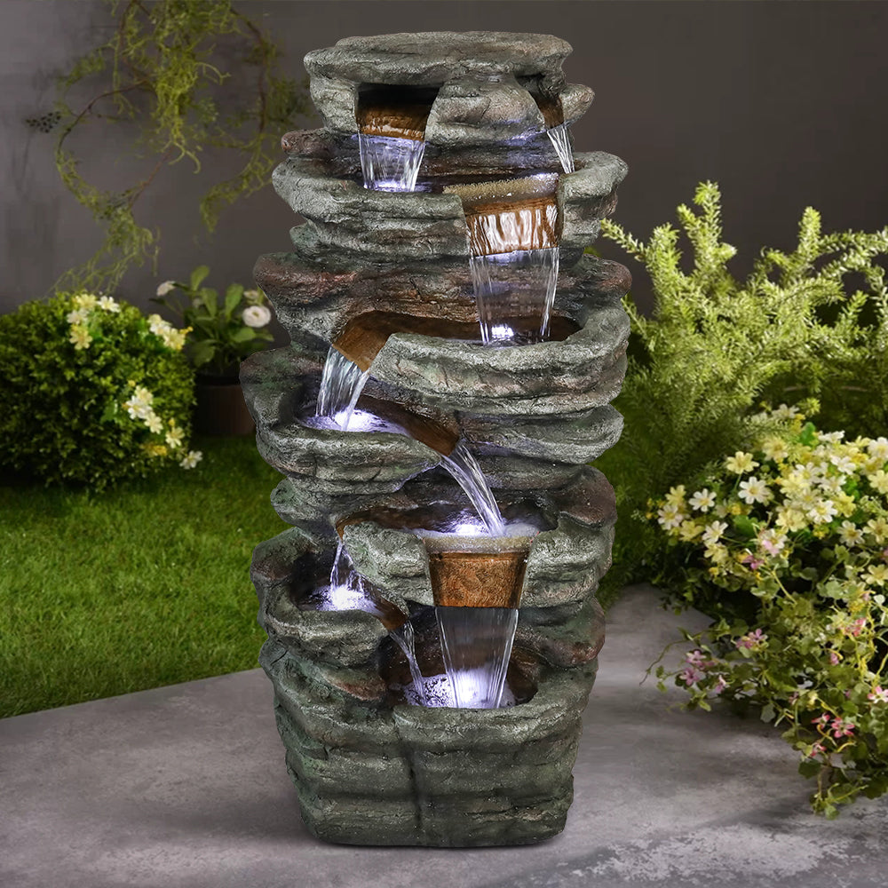 48 Inch Seven-Ledge Cascading Outdoor Fountain, Serpentine Slate-Style Column