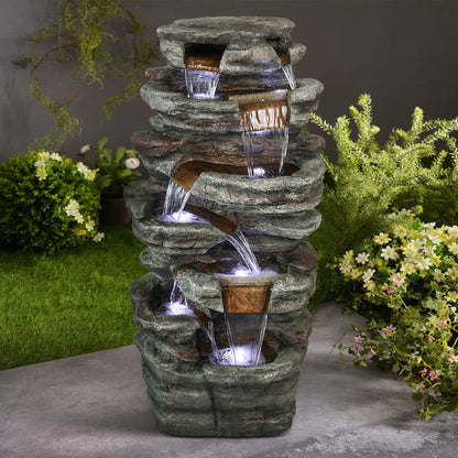 48 Inch Seven-Ledge Cascading Outdoor Fountain, Serpentine Slate-Style Column