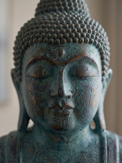 Seated Buddha Statue, Distressed Teal-Green Patina Finish, Made in Indonesia