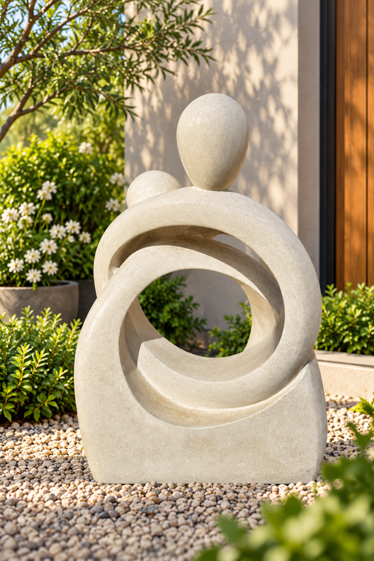 Eternal Embrace Terrazzo Statue with Matching Stand, White, Handcrafted in Indonesia