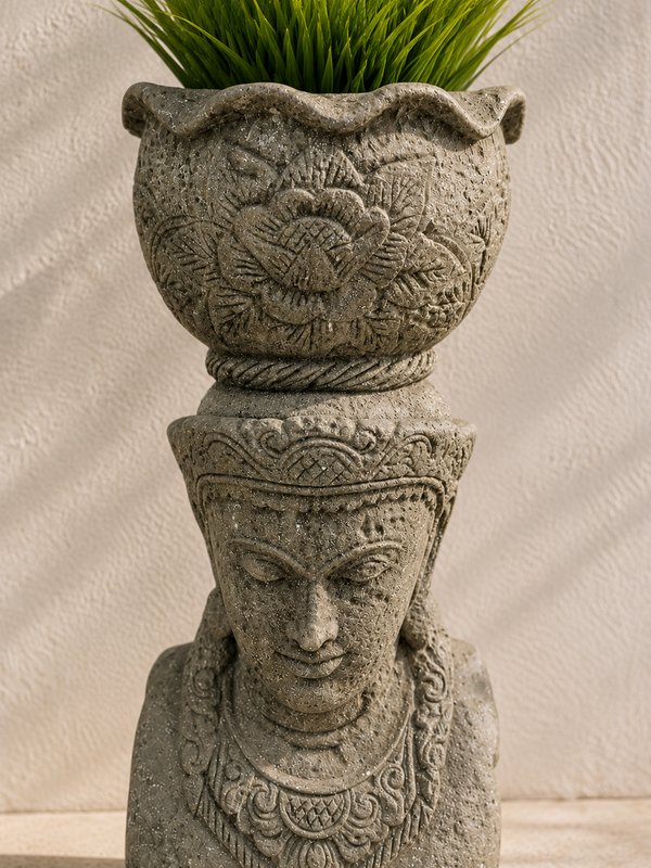 Stone Buddha Head Planter, 39 Inches Tall, Handcrafted in Indonesia