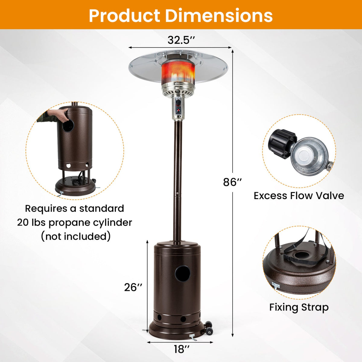 50,000 BTU Gas Patio Heater with Wheels and Ground Stakes