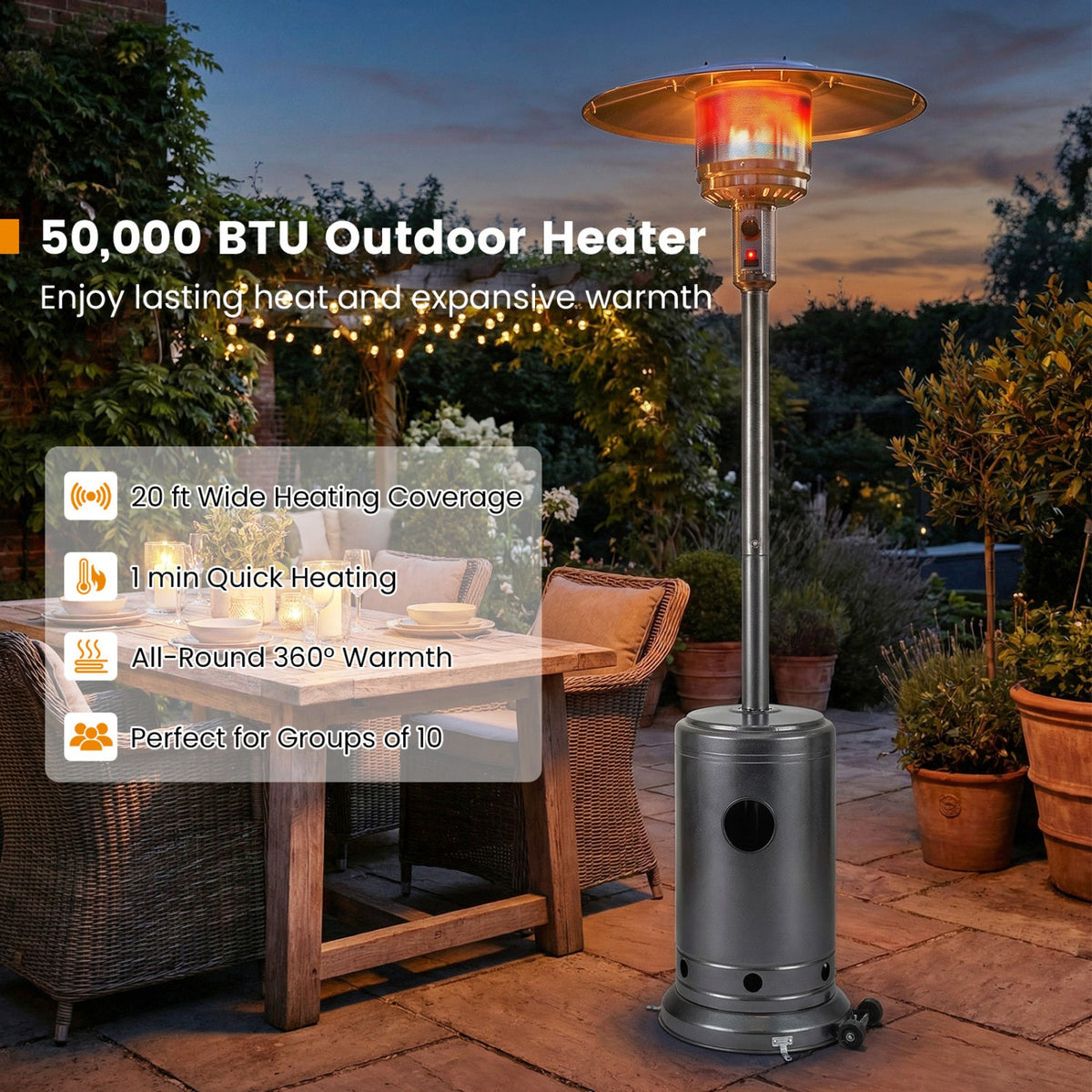 50,000 BTU Gas Patio Heater with Wheels and Ground Stakes