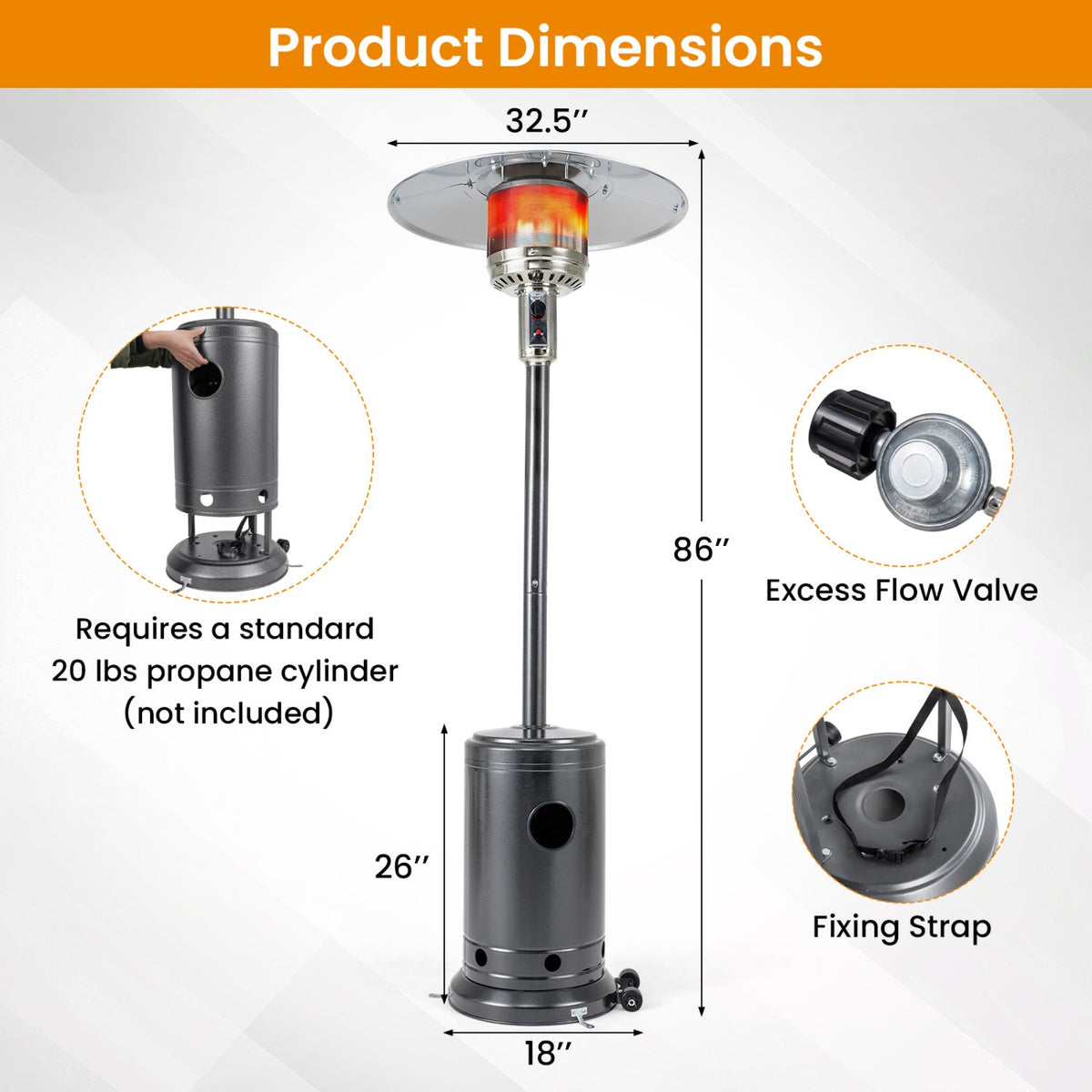 50,000 BTU Gas Patio Heater with Wheels and Ground Stakes