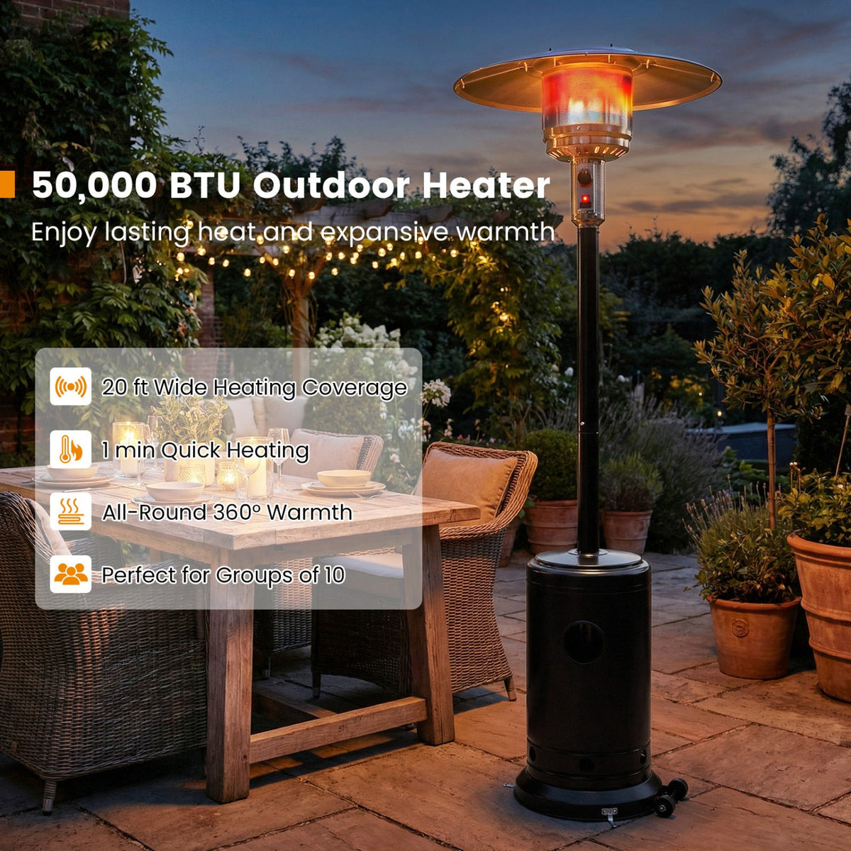 50,000 BTU Gas Patio Heater with Wheels and Ground Stakes