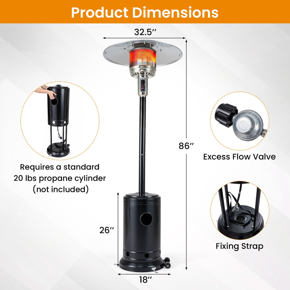 50,000 BTU Gas Patio Heater with Wheels and Ground Stakes