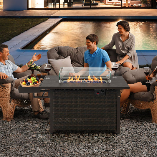52 Inch Outdoor Wicker Propane Fire Pit Table with Cover, 50,000 BTU