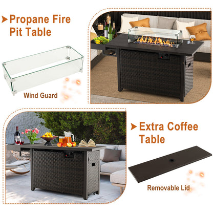 52 Inch Outdoor Wicker Propane Fire Pit Table with Cover, 50,000 BTU