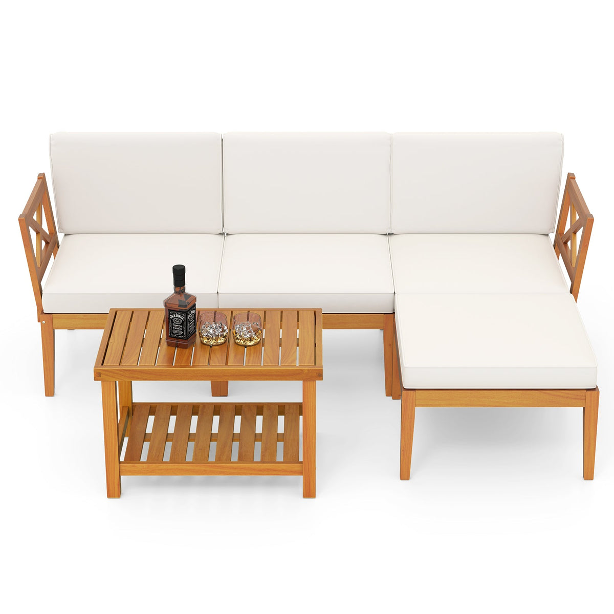 5 Pieces Acacia Wood Patio Furniture Set with 2-Tier Coffee Table and Cushions-White