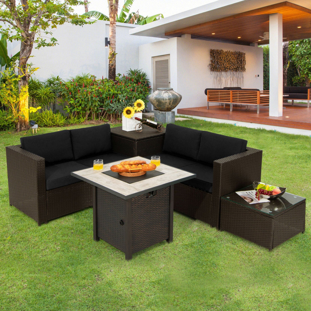 5 Piece Outdoor Propane Fire Pit Table and Loveseat Set, 50,000 BTU
