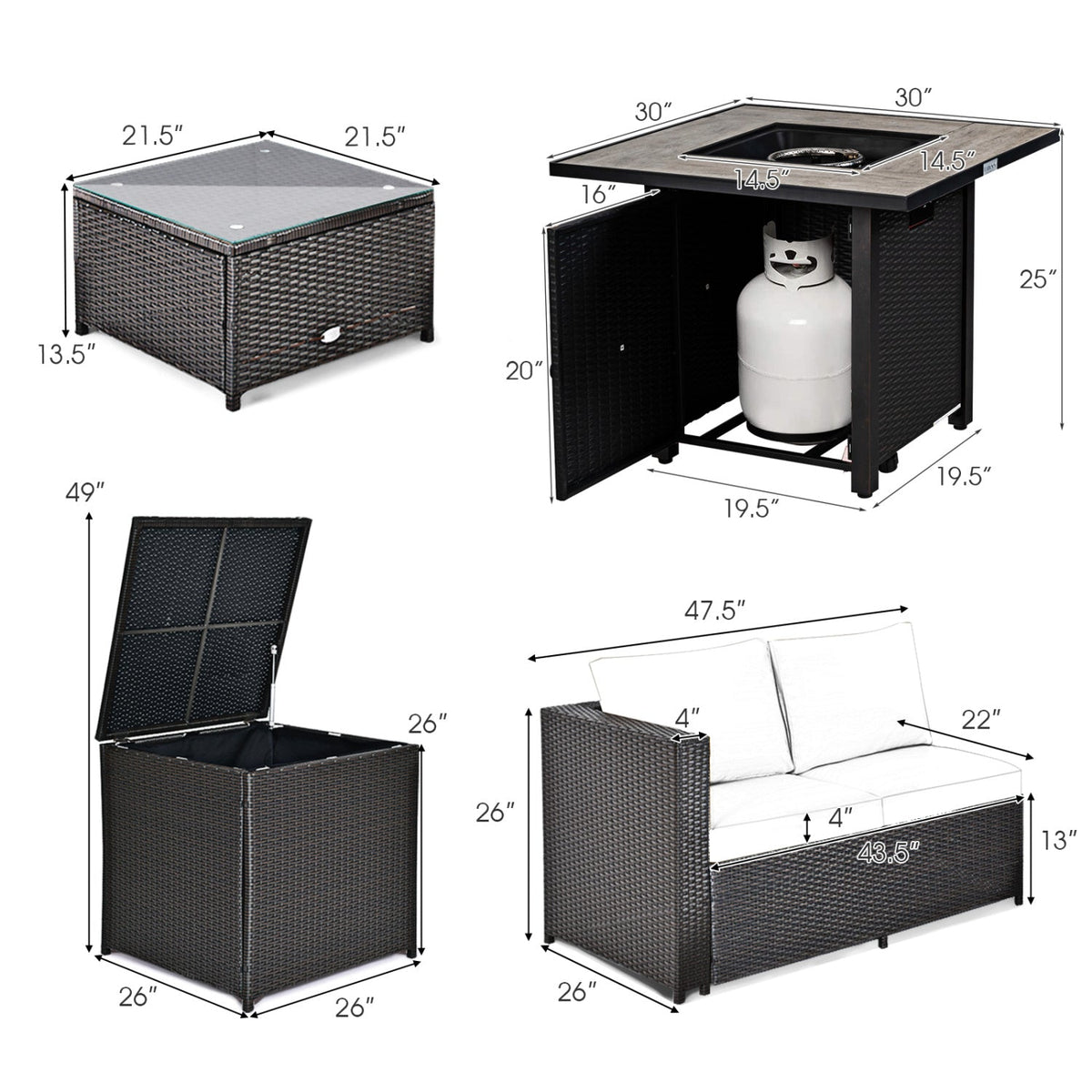 5 Piece Outdoor Propane Fire Pit Table and Loveseat Set, 50,000 BTU