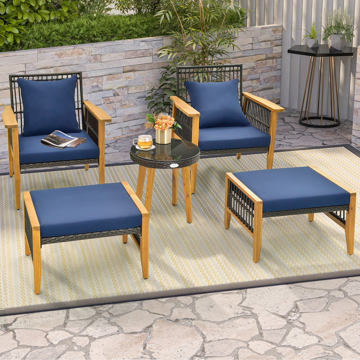 5-Piece Patio Furniture Set with Acacia Wood and Woven PE Rattan