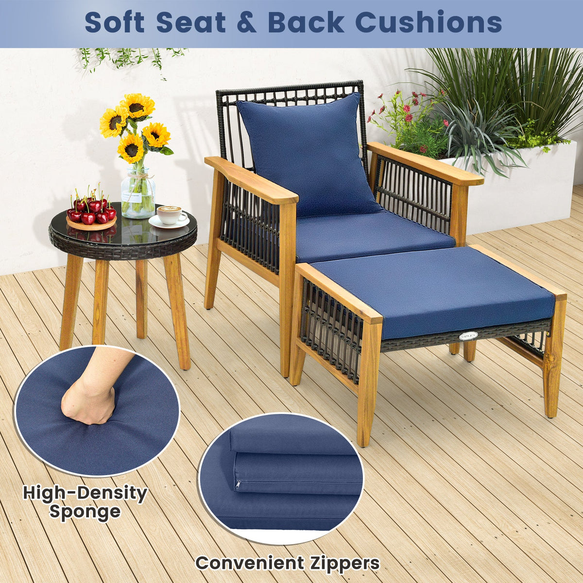 5-Piece Patio Furniture Set with Acacia Wood and Woven PE Rattan