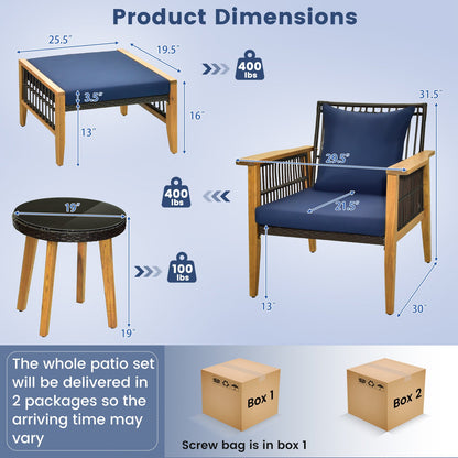 5-Piece Patio Furniture Set with Acacia Wood and Woven PE Rattan