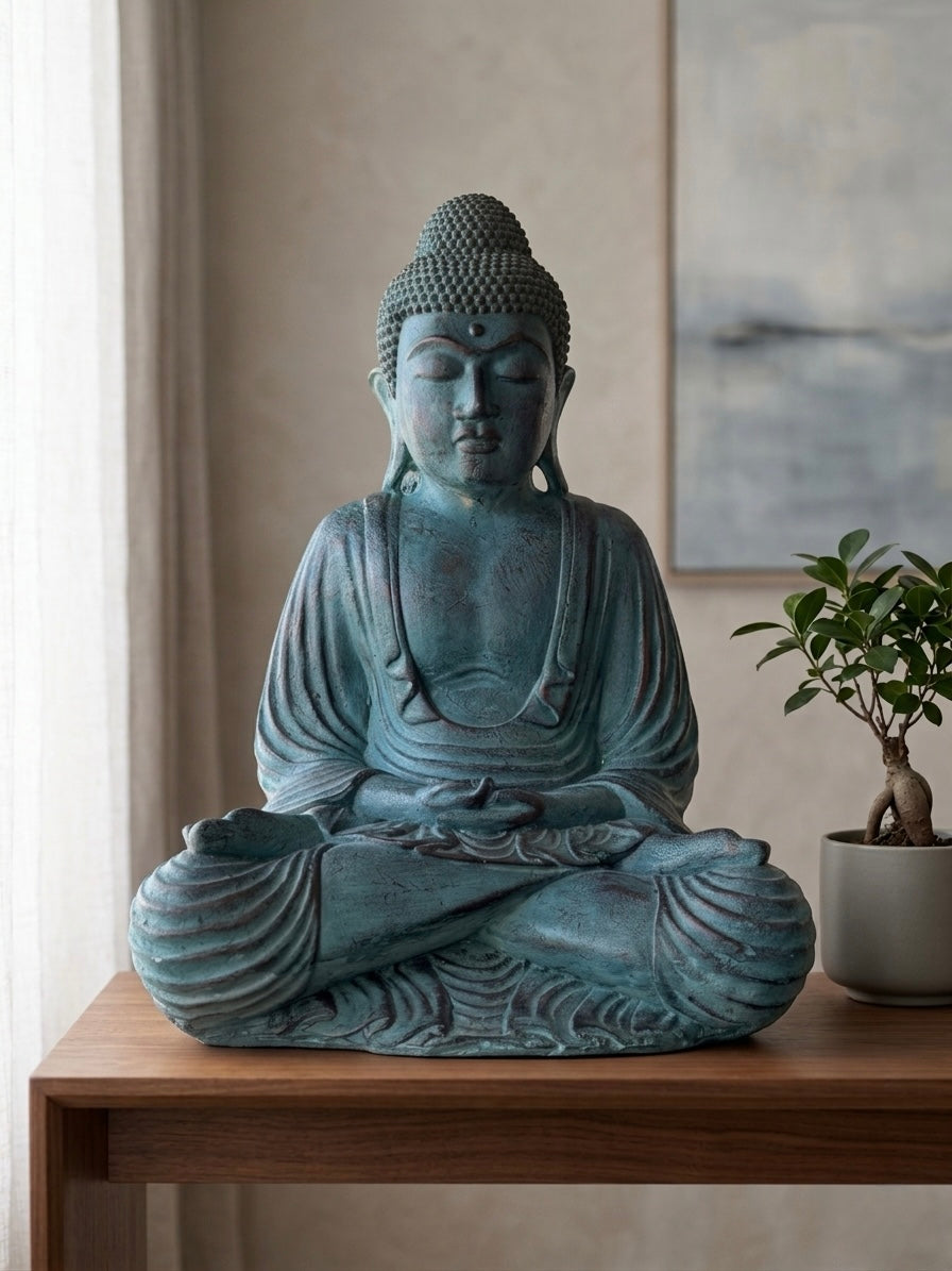 Seated Buddha Statue, Distressed Teal-Green Patina Finish, Made in Indonesia