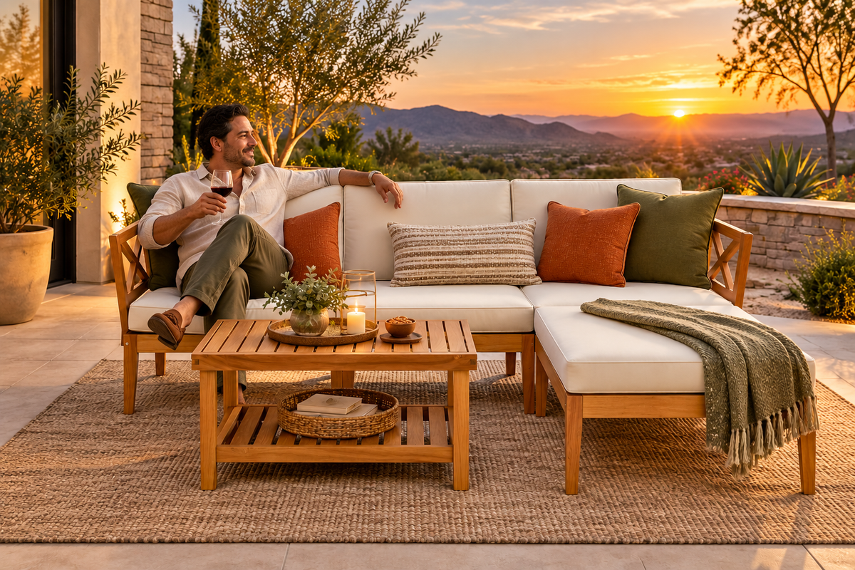 5 Pieces Acacia Wood Patio Furniture Set with 2-Tier Coffee Table and Cushions-White