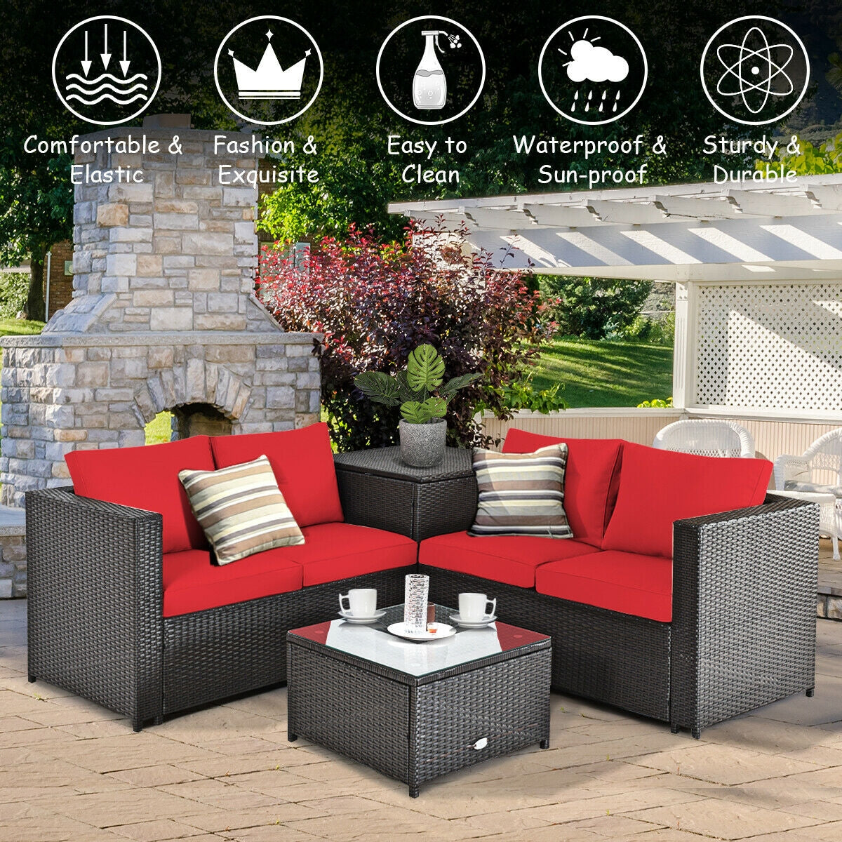 4-Piece Outdoor Rattan Patio Furniture Set with Modular Sectional