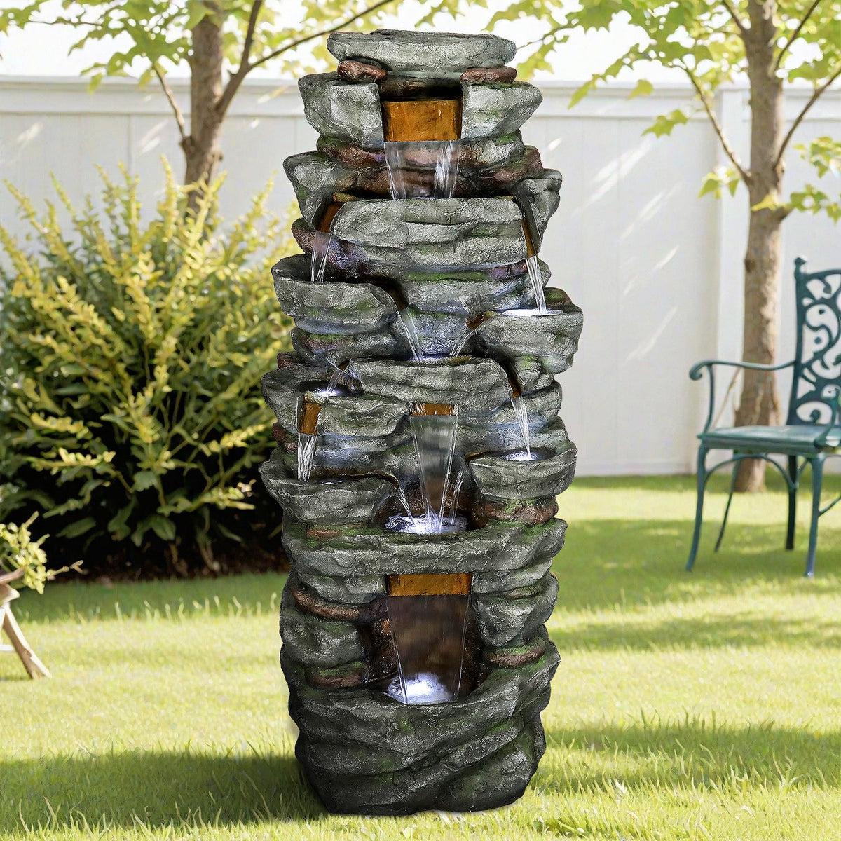 79-Inch Outdoor Rock Waterfall Fountain with 9 LED Lights