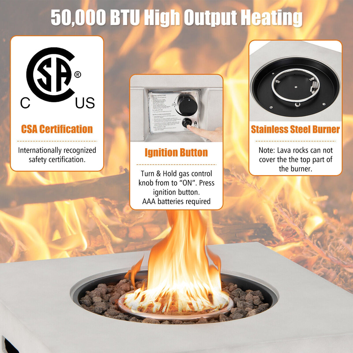 34 Inch Square Concrete-Look Propane Fire Pit Table, 50,000 BTU
