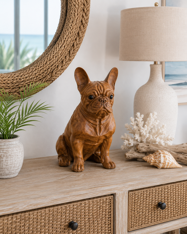 Large Hand-Carved Bali French Bulldog, Solid Wood, 12 Inches Tall