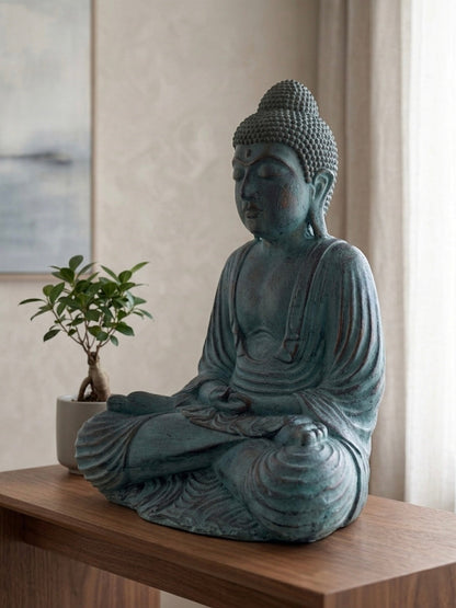 Seated Buddha Statue, Distressed Teal-Green Patina Finish, Made in Indonesia