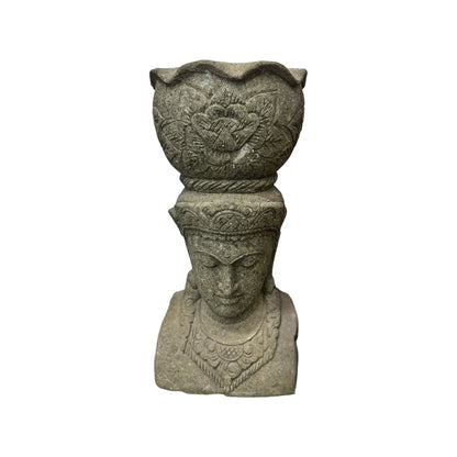 Stone Buddha Head Planter, 39 Inches Tall, Handcrafted in Indonesia