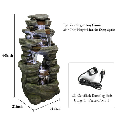 Large 60-Inch Resin Rock Waterfall Fountain with 7 Spouts and LED Lighting