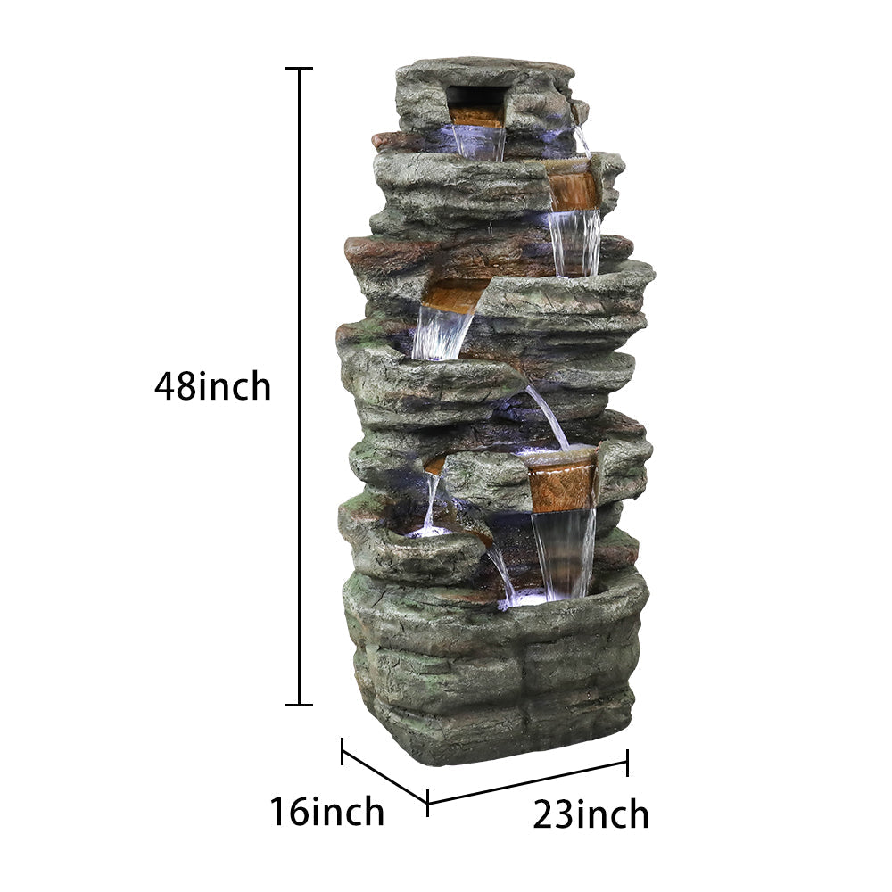 48 Inch Seven-Ledge Cascading Outdoor Fountain, Serpentine Slate-Style Column
