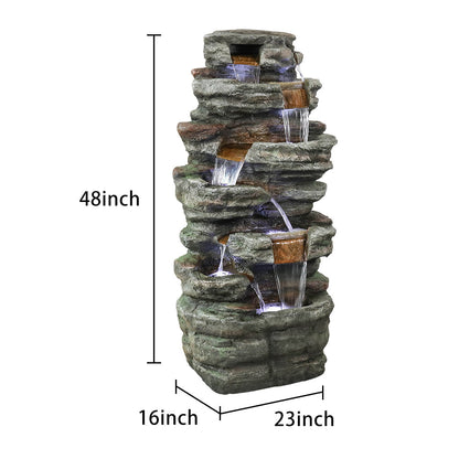 48 Inch Seven-Ledge Cascading Outdoor Fountain, Serpentine Slate-Style Column
