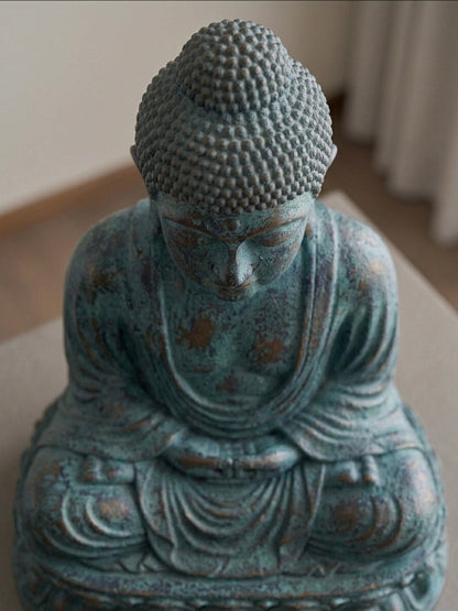 Seated Buddha Statue, Distressed Teal-Green Patina Finish, Made in Indonesia