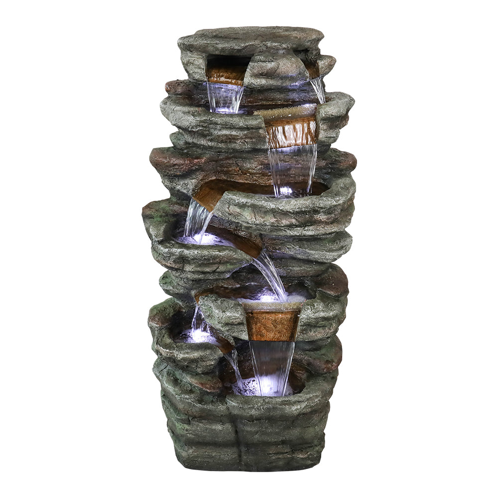 48 Inch Seven-Ledge Cascading Outdoor Fountain, Serpentine Slate-Style Column