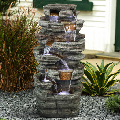 48 Inch Seven-Ledge Cascading Outdoor Fountain, Serpentine Slate-Style Column