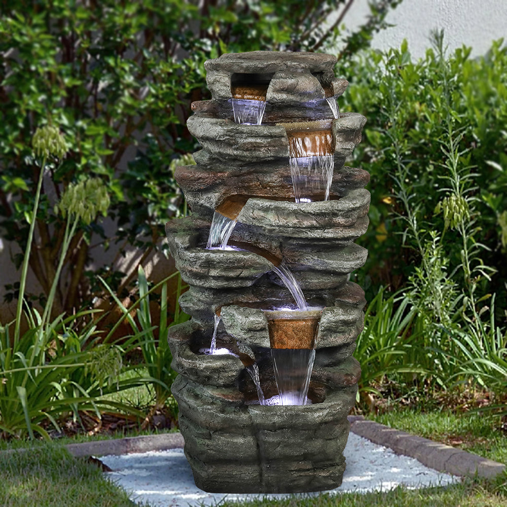 48 Inch Seven-Ledge Cascading Outdoor Fountain, Serpentine Slate-Style Column