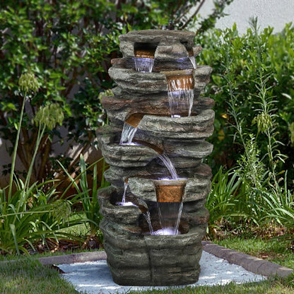 48 Inch Seven-Ledge Cascading Outdoor Fountain, Serpentine Slate-Style Column