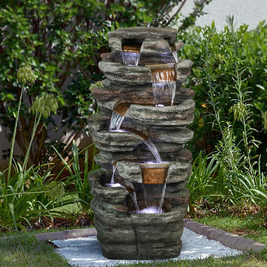 48 Inch Seven-Ledge Cascading Outdoor Fountain, Serpentine Slate-Style Column
