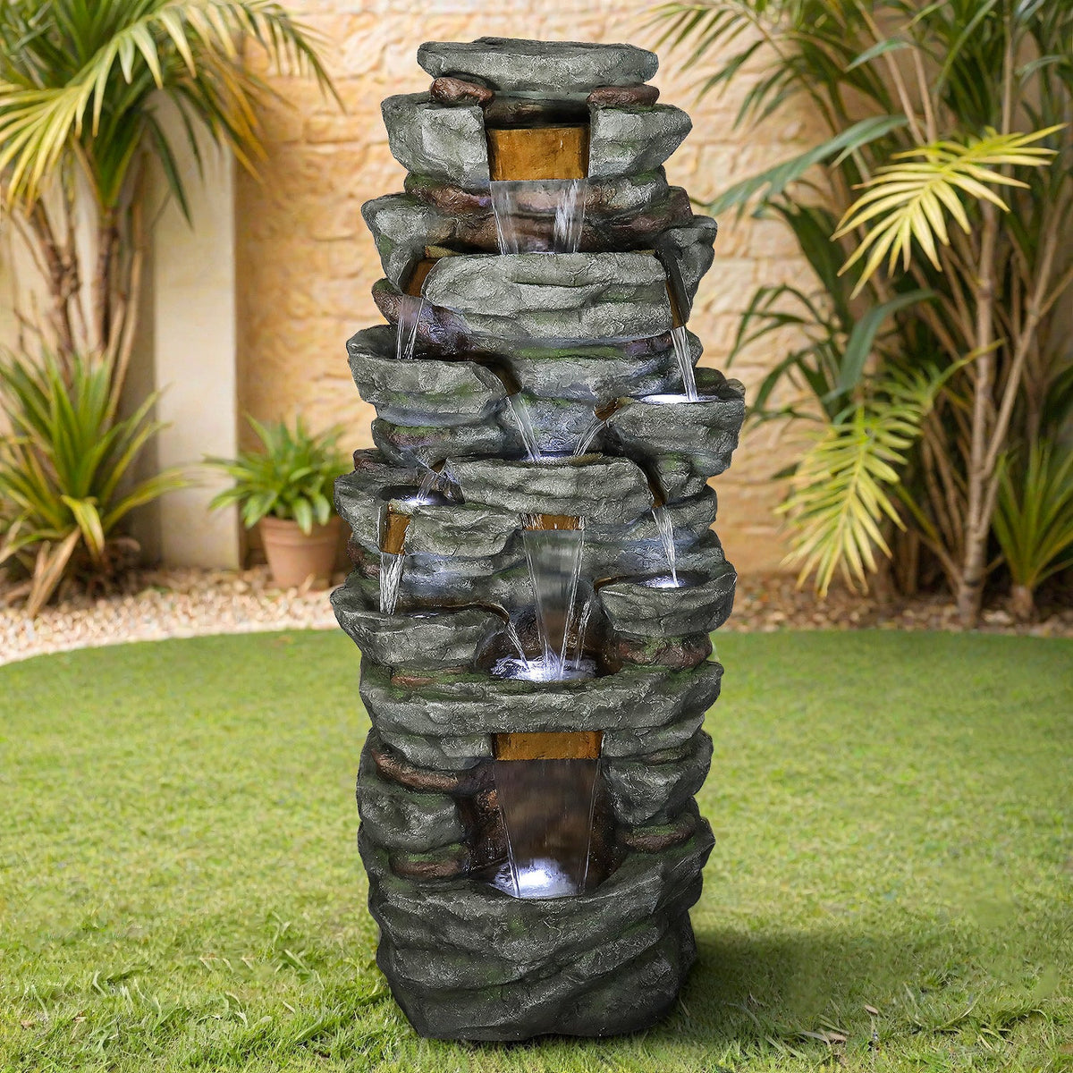 79-Inch Outdoor Rock Waterfall Fountain with 9 LED Lights