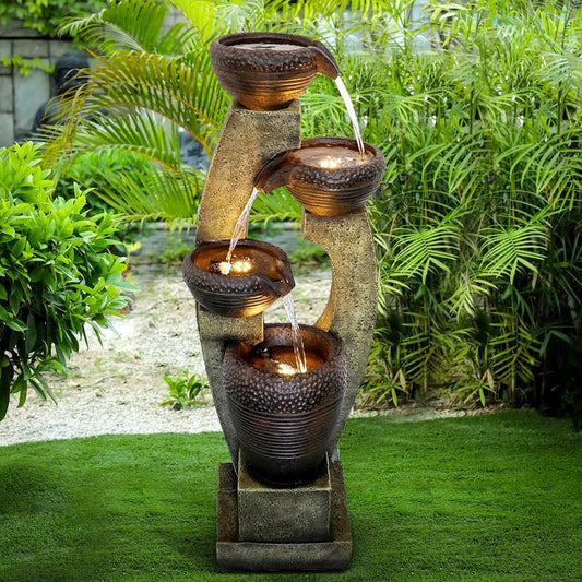 Sculptural Water Fountain, 40 Inch with LED Bowls