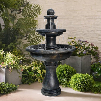 Three-Tier Antique Black Concrete Outdoor Water Fountain with Pump