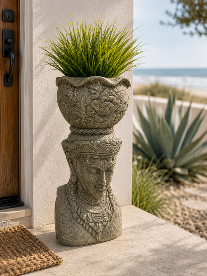Stone Buddha Head Planter, 39 Inches Tall, Handcrafted in Indonesia